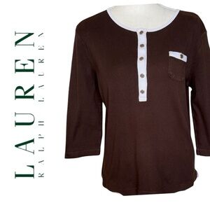 Lauren Ralph Lauren Brown Henley Shirt with White Trim Silver Logo Buttons